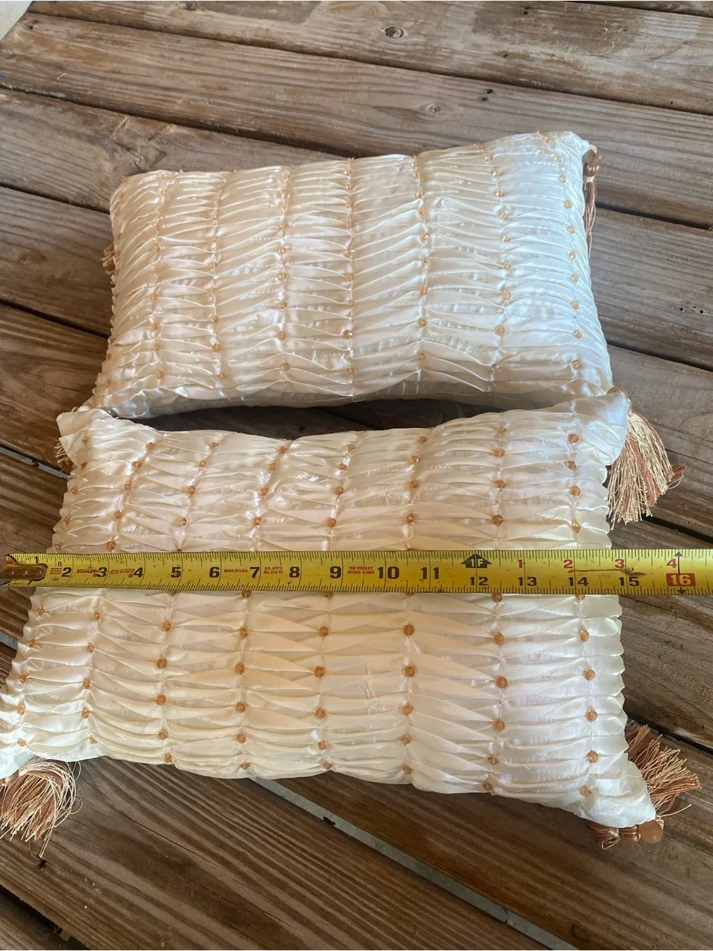 Set of 2 Cream Beaded Pleated Satin Decorative Pillows with Tassels